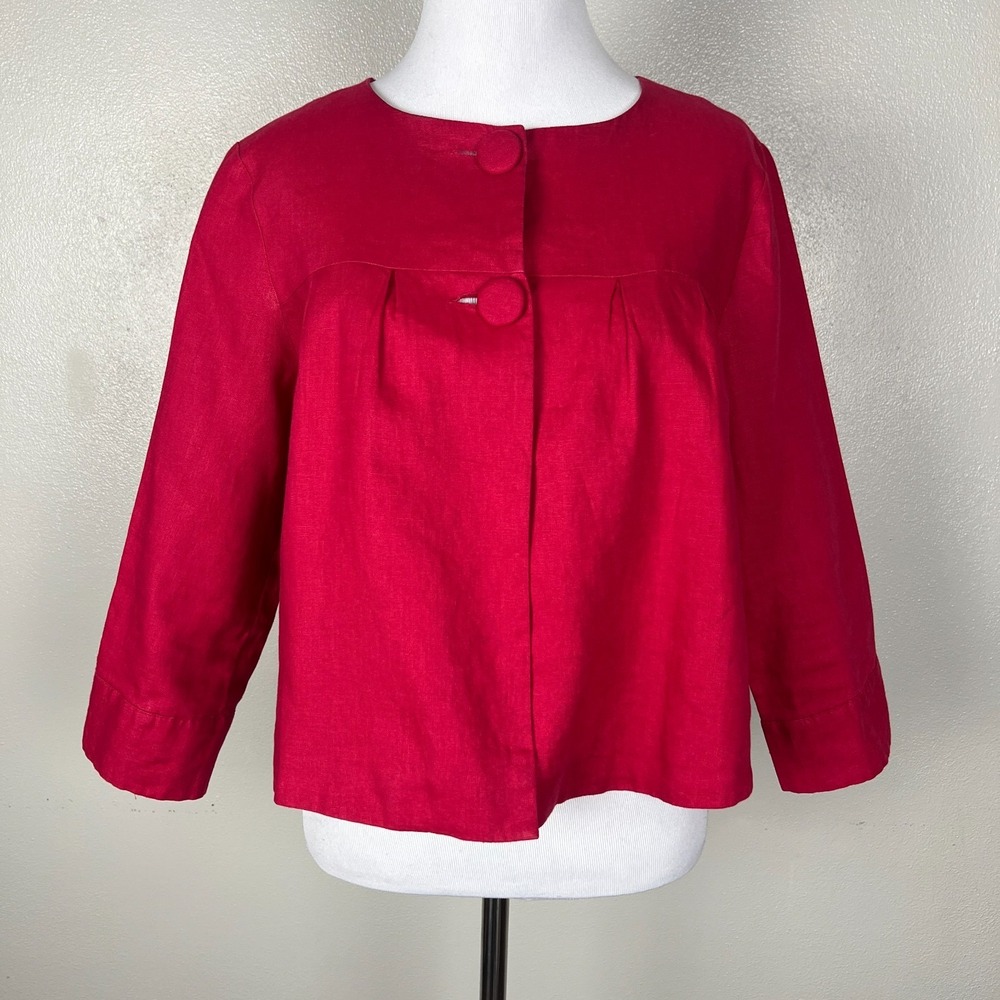 Spiegel Babydoll Linen Jacket Women 4 Pink Button Neck Open Swing Preppy Cropped
